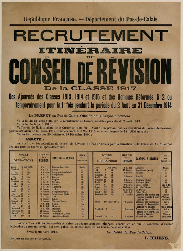 Itinéraire du conseil de révision de la classe 1917, 22 avril 1915