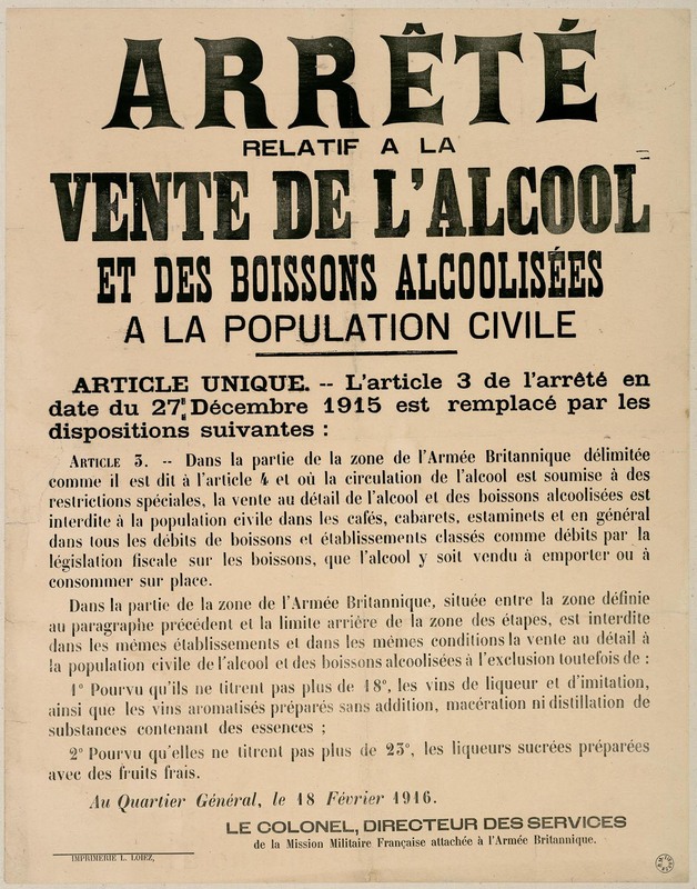 Arrêté relatif à la vente de l'alcool et des boissons alcoolisées à la population civile, 18 février 1916