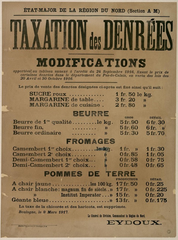 Taxation des denrées, 9 mars 1917