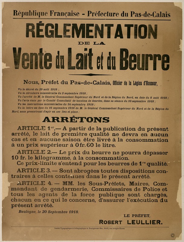 Réglementation de la vente du lait et du beurre, 20 septembre 1918