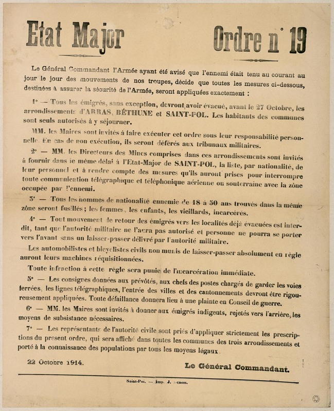 Ordre n°19 de l'état-major, 22 octobre 1914