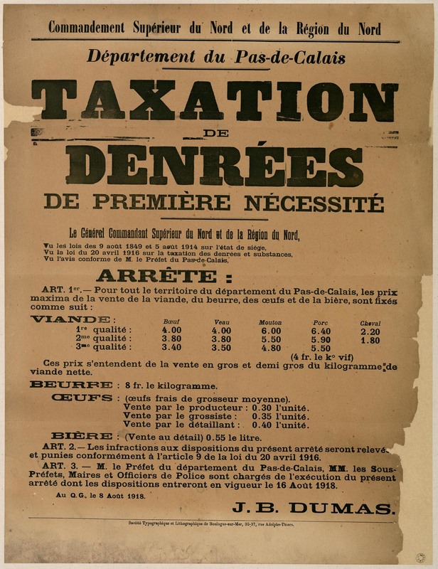 Taxation de denrées de première nécessité, 8 aout 1918