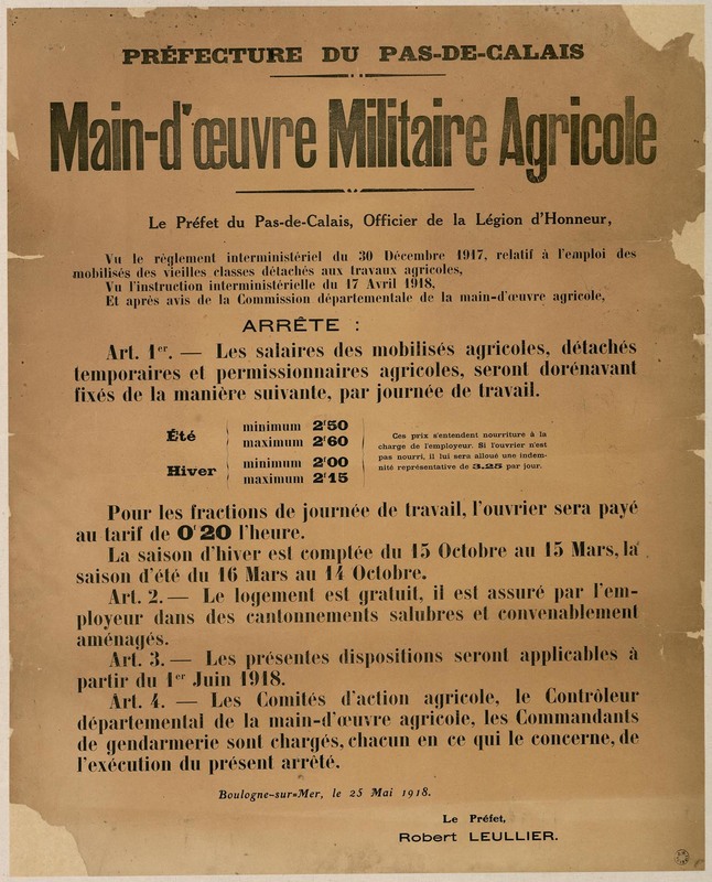 Arrêté concernant la main-d'oeuvre militaire agricole, 25 mai 1918