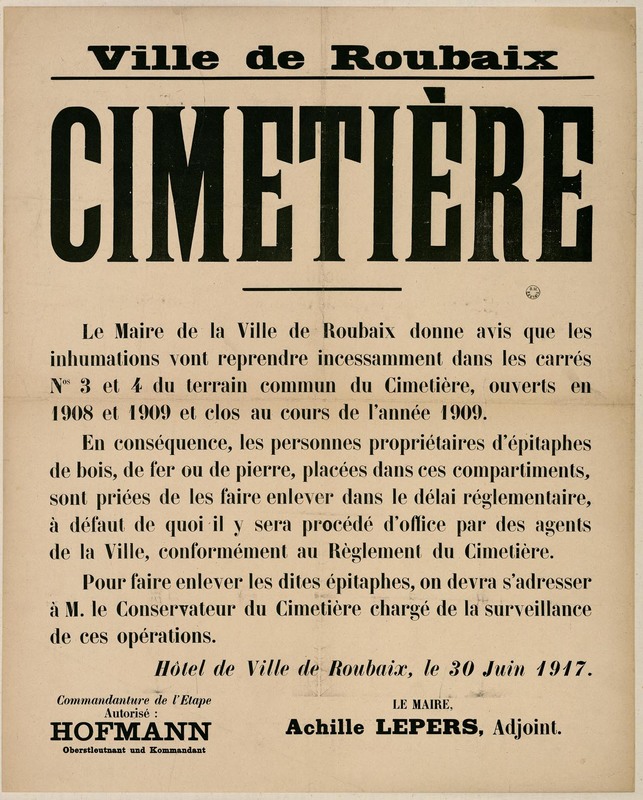Cimetière de la ville de Roubaix, 30 juin 1917
