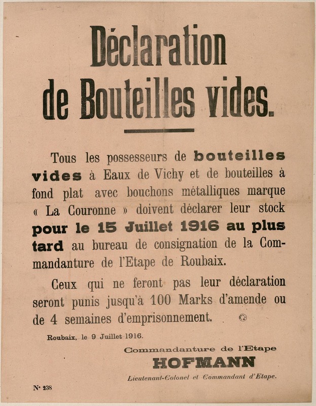 Déclaration de bouteilles vides, 9 juillet 1916