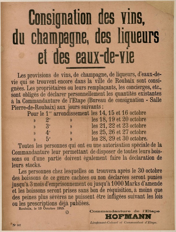 Consignation de certains alcools, 13 octobre 1915