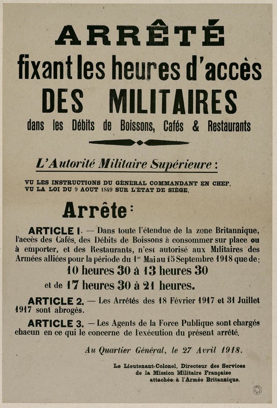 Heures d'accès des militaires dans les débits de boissons, cafés et restaurants, 27 avril 1918