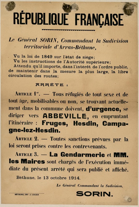 Arrêté sur le maintien de la libre circulation des routes, 13 octobre 1914