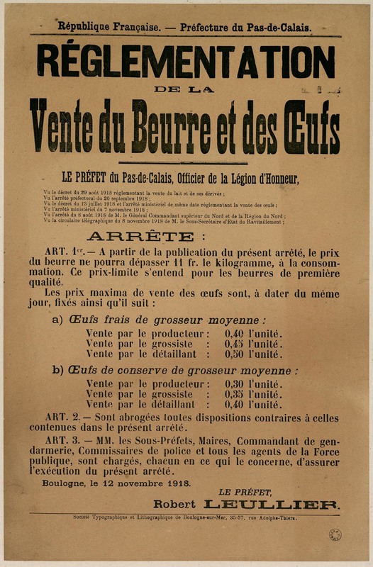 Réglementation de la vente du beurre et des oeufs, 12 novembre 1918