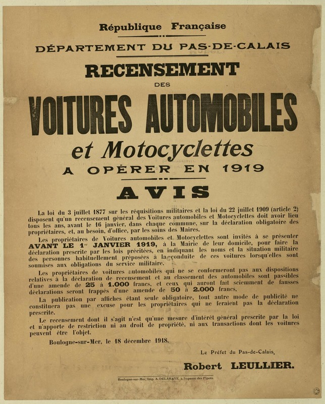 Recensement des voitures automobiles et motocyclettes à opérer en 1919, 18 décembre 1918