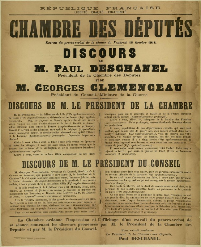 Discours de M. Paul Deschanel et de M. Georges Clémenceau, 18 octobre 1918 