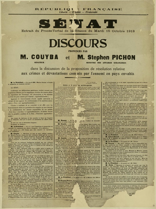 Discours prononcés par M. Couyba et M. Stephen Pichon, 15 octobre 1918 