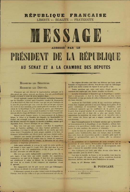 Message adressé par le président de la République, 17 février 1920 