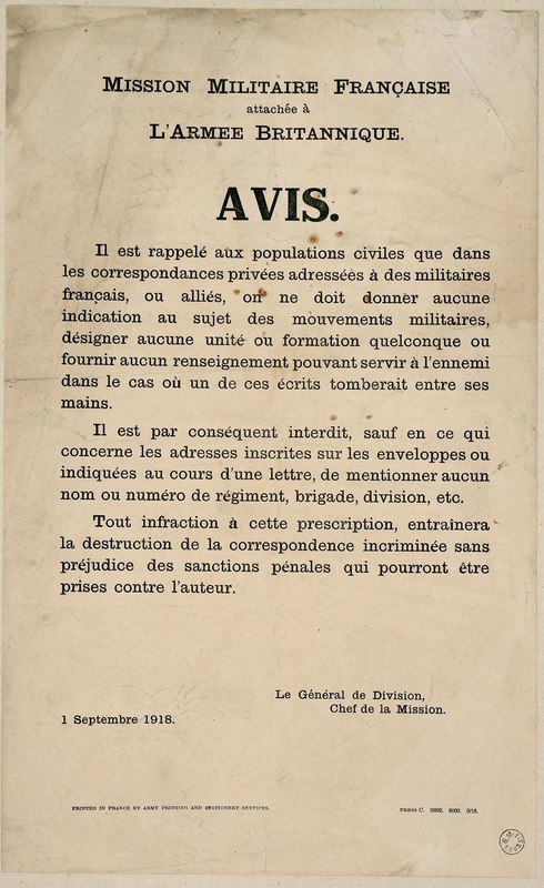 Avis concernant les correspondances privées adressées aux militaires, 1 septembre 1918