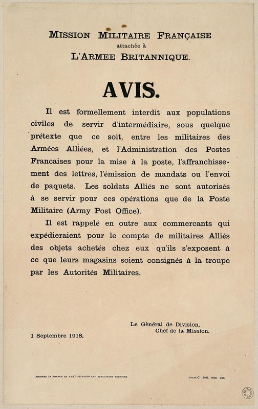 Avis de la mission militaire française attachée à l'armée britannique, 1 septembre 1918 
