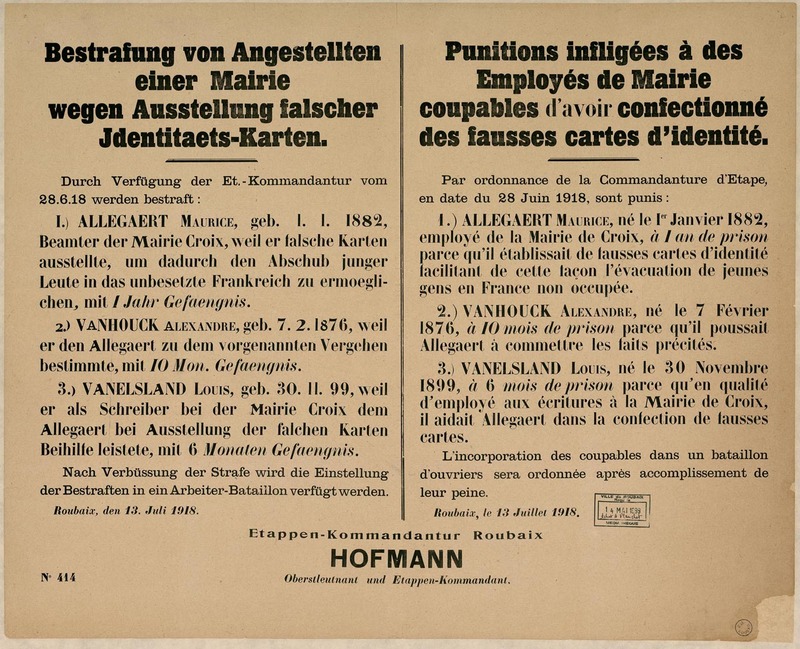 Punitions infligées à des employés de mairie, 13 juillet 1918 
