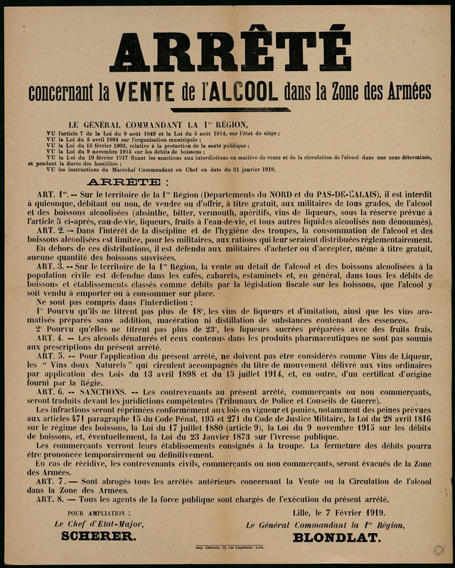 Vente de l'alcool dans la zone des armées, 7 février 1919