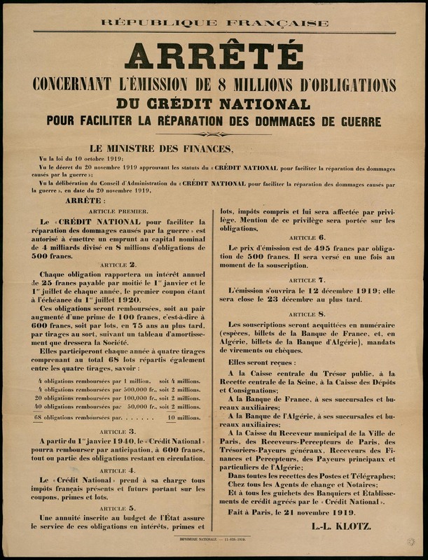 Emission de 8 millions d'obligations du Crédit National, 21 novembre 1919