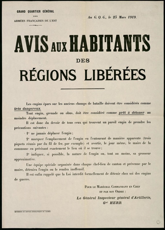 Avis aux habitants des régions libérées, 25 mars 1919