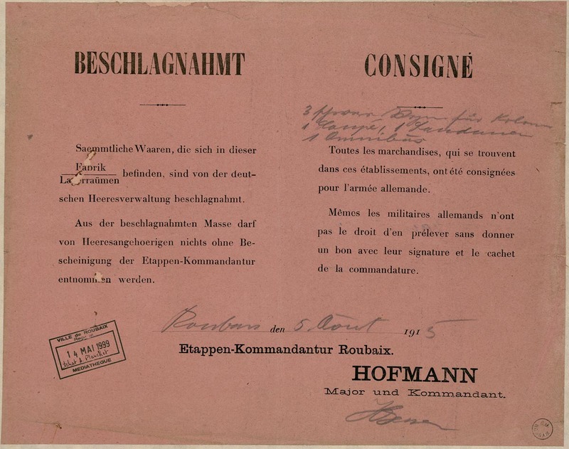 Avis sur marchandises consignées par la commandature, 5 août 1915