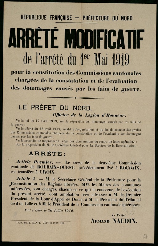 Arrêté modificatif de l'arrêté du 1 mai 1919, 30 juillet 1919