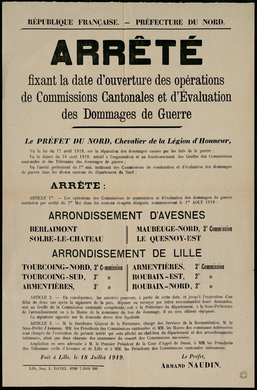 Arrêté concernant les dommages de guerre, 18 juillet 1919