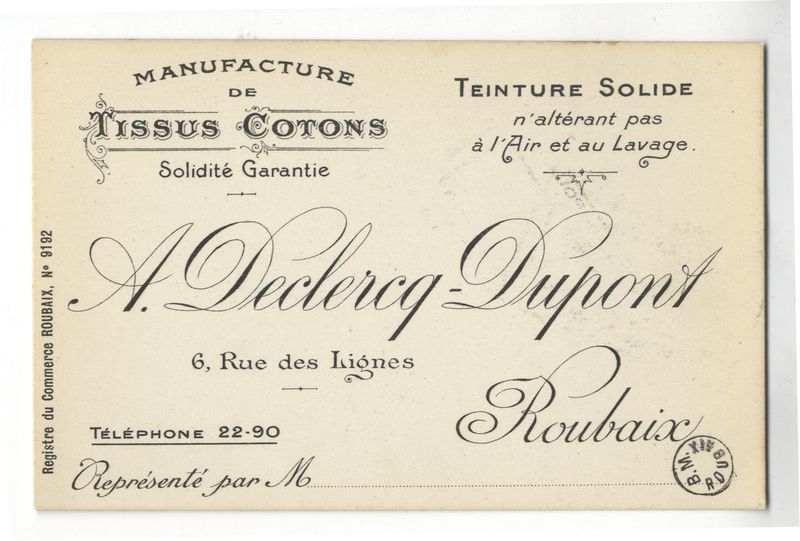 Carte publicitaire de la manufacture de tissus cot