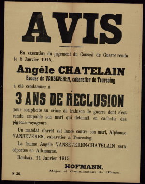 Affiche annonçant la condamnation d'Angèle Chatelain.