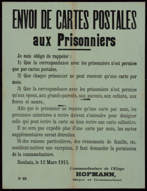 Affiche rappelant les conditions d'envois de cartes postales aux prisonniers.