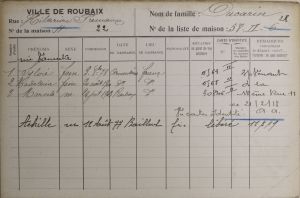 Fiche de maison de la famille Ducarin, rue Hilarion Fremaux à Roubaix.