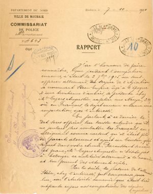 Rapport du commissariat central au sujet d’un déserteur allemand, Eugène Stein, caché par la famille d’Augustin Lepers à Roubaix.