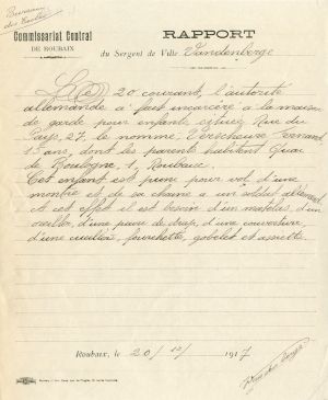 Rapport du commissariat central concernant l’arrestation de Fernand Verscheure pour vol et son incarcération à la maison de garde pour enfants.