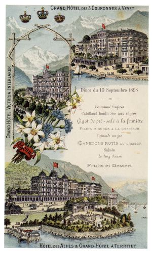 Menu du Grand hôtel des 3 Couronnes à Vevey, 1898