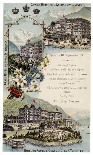 Menu du Grand hôtel des 3 Couronnes à Vevey, 1898